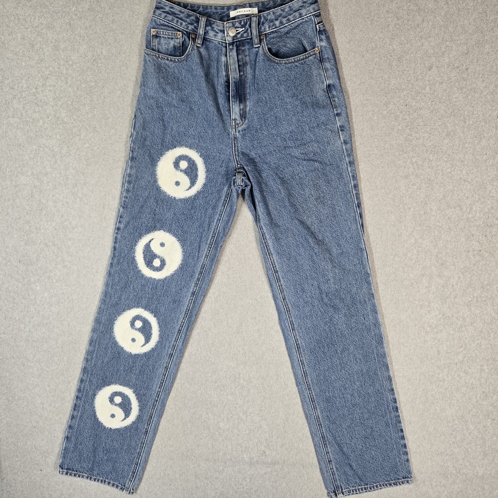 Pacsun Women Jeans 26 Blue Denim Graphic Yin Yang 90's Boyfriend Indie Sleaze